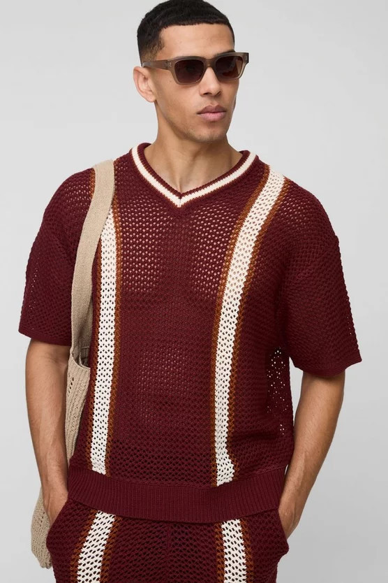 Boxy Fit Open Stitch V Neck Striped Knitted T-Shirt | boohooMAN (US & Canada)