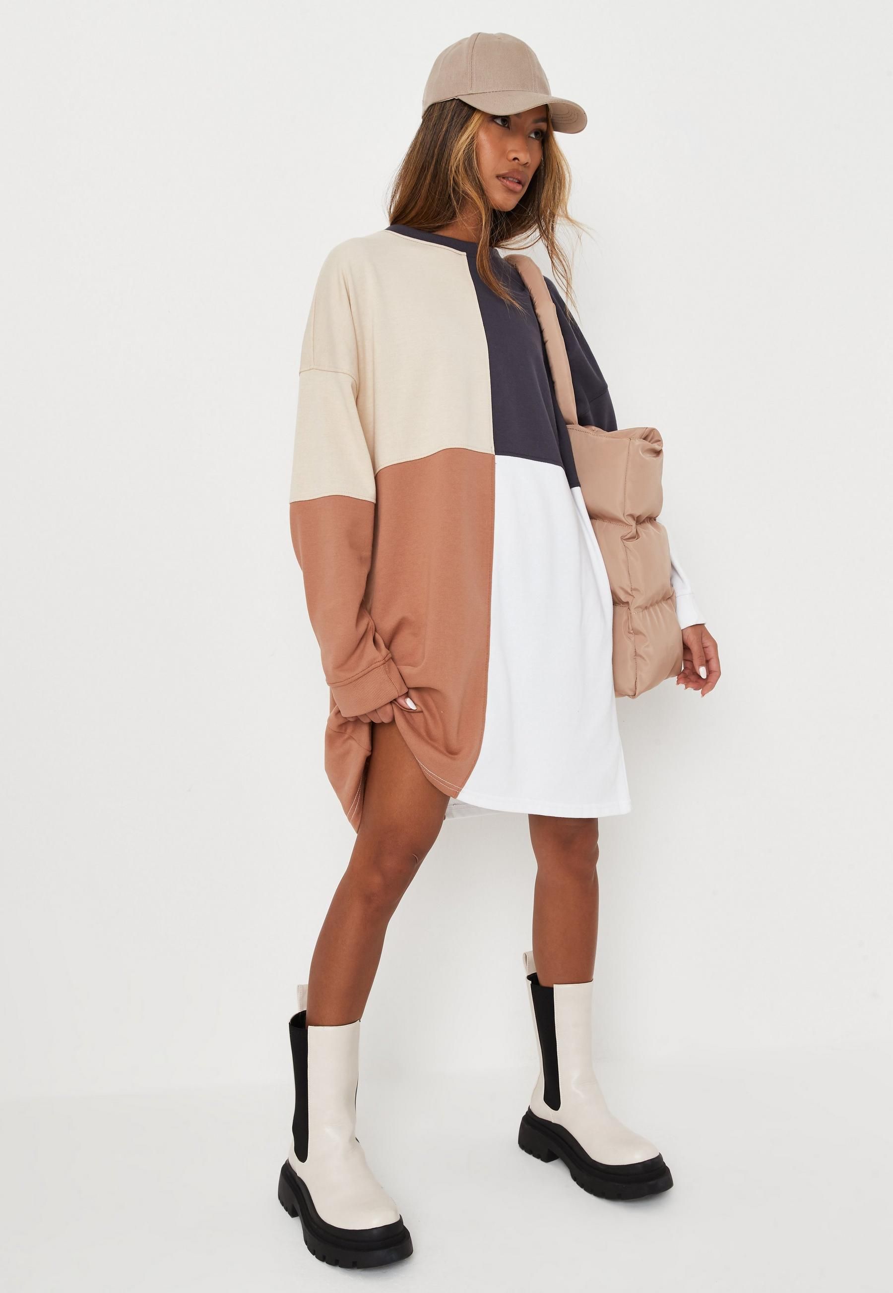 Missguided - Beige Colorblock Oversized Sweater Dress | Missguided (US & CA)