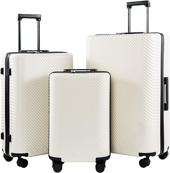 Coolife Luggage 3 Piece Sets PC+ABS Spinner Suitcase carry on Fashion (White, One_Size) | Amazon (US)