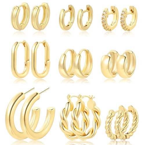 9 Pairs Gold Hoop Earrings for Women | Hypoallergenic 14K Gold Plated Chunky Huggie Gold Earrings Set | Lightweight Small Thick Open Hoops Earrings Jewelry Pack for Women | Amazon (US)