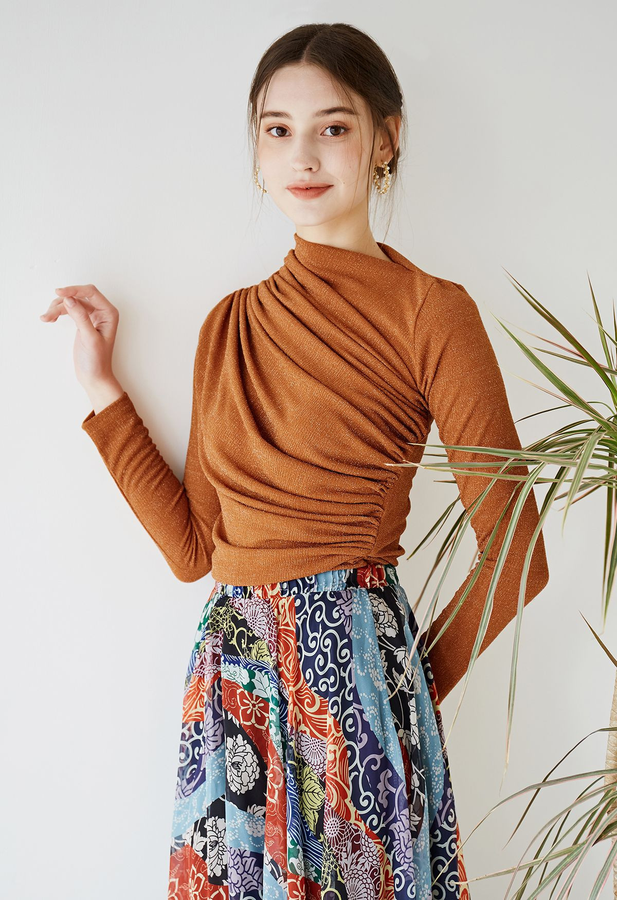 Ruched Long Sleeves Top in Pumpkin | Chicwish