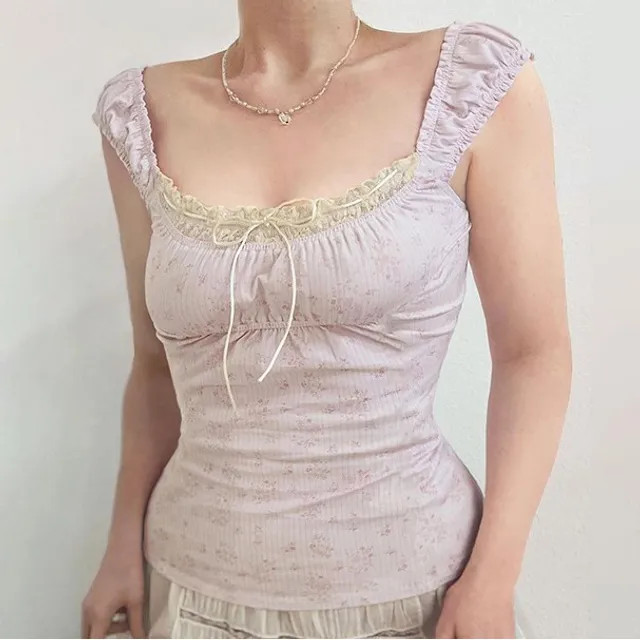Rosesand - Square-Neck Lace Panel Bow Accent Floral Print Slim-Fit Tank Top | YesStyle Global