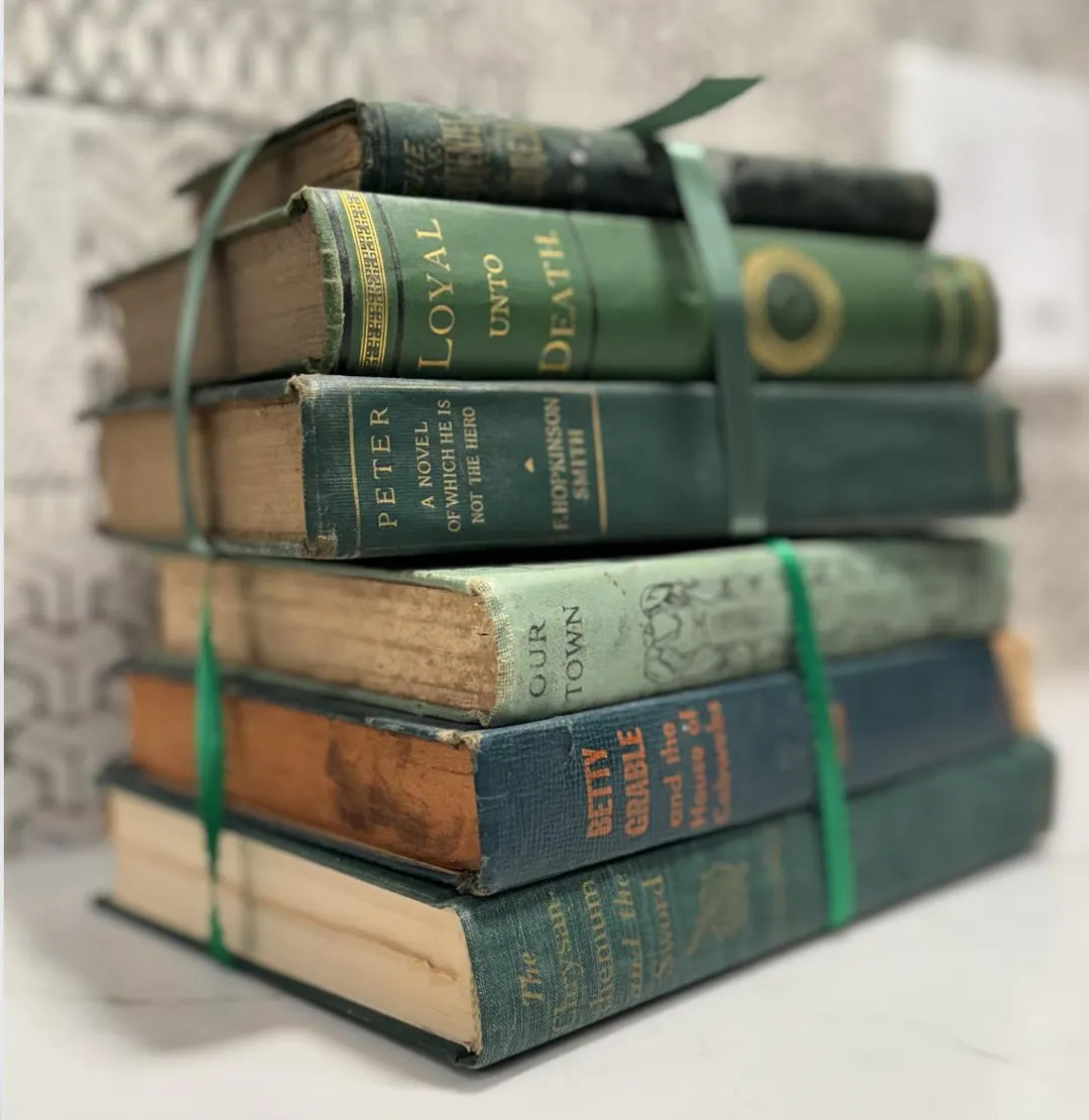 Green Vintage Book Bundle, Christmas Decor, Rustic Farmhouse Book Shelf Styling - Etsy | Etsy (US)
