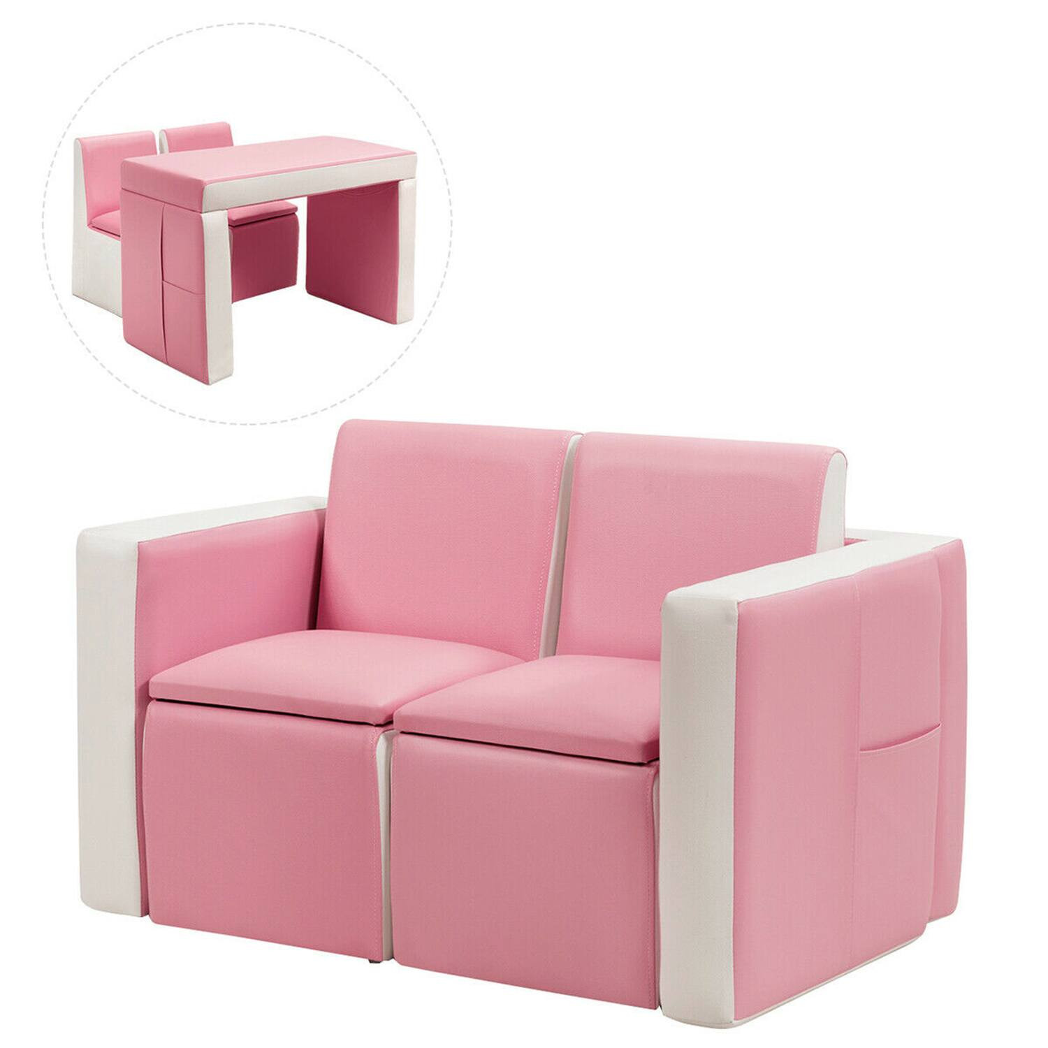 Costway - Multi-functional Kids Sofa Table Chair Set 2 Seat Couch Furniture W/Storage Box - Pink,White | Best Buy U.S.