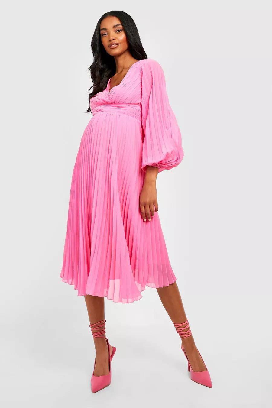 Maternity Pleated Puff Sleeve Midi Dress | Boohoo.com (US & CA)