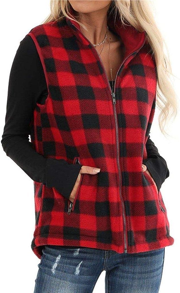 ReachMe Womens Buffalo Plaid Zip Up Vest with Zippered Pockets Winter Sleeveless Jacket Coat | Amazon (US)