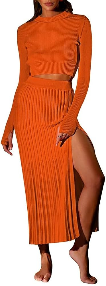 Pink Queen Women's 2 Piece Sweater Outfits Set Long Sleeve Crop Top Ribbed Split Bodycon Midi Lon... | Amazon (US)