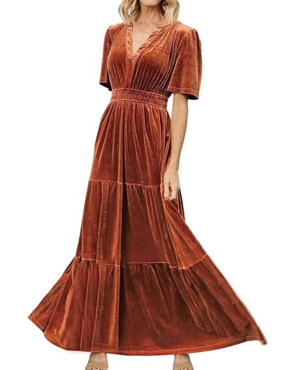 R.Vivimos Women's Fall Winter Vintage Velvet Dress Short Sleeve V Neck Elastic Waist Tiered Ruffl... | Amazon (US)