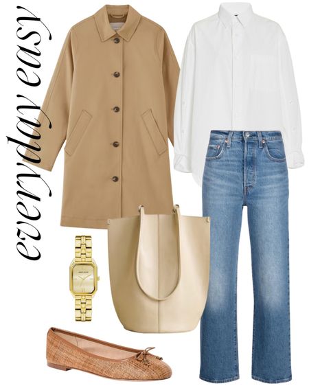 Casual spring outfit 🤍 Trench coat, light wash jeans, white button down, spring style, mesh flats, spring bag, white tote 

#LTKSeasonal #LTKfindsunder100