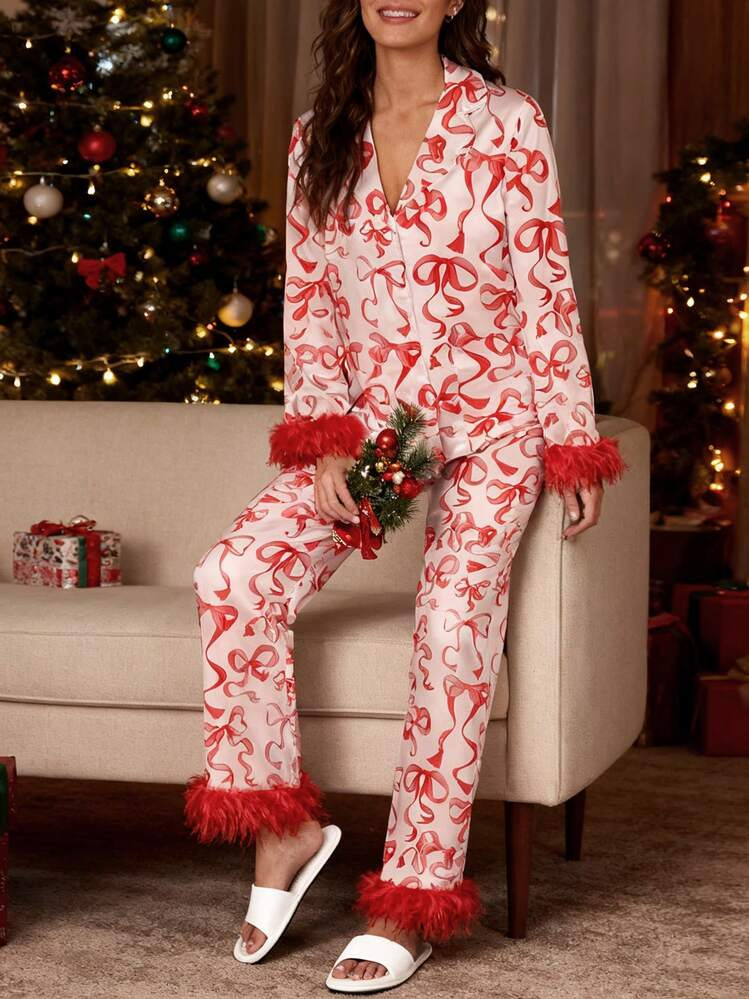 Women's Christmas Fuzzy Trim Satin Pajama Set - Cute Santa  Tree Print Long Sleeve Top  Pants Lou... | SHEIN