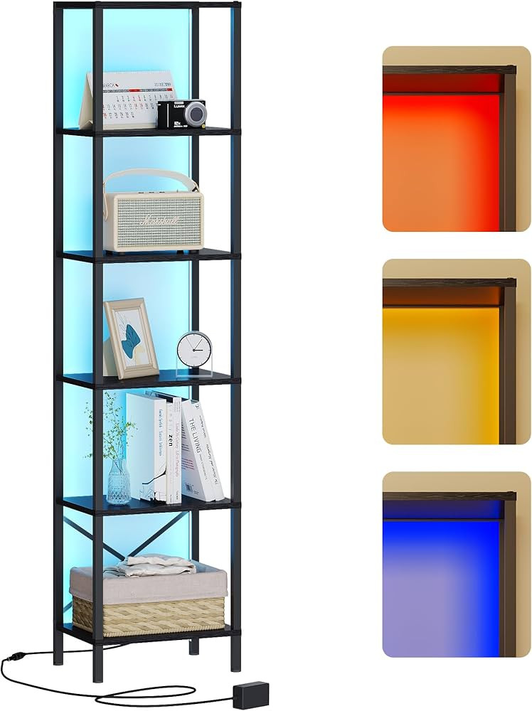 6-Tier Bookshelf, Tall Narrow Bookcase with LED Lights, Book Shelf with Steel Frame, Display Stor... | Amazon (US)