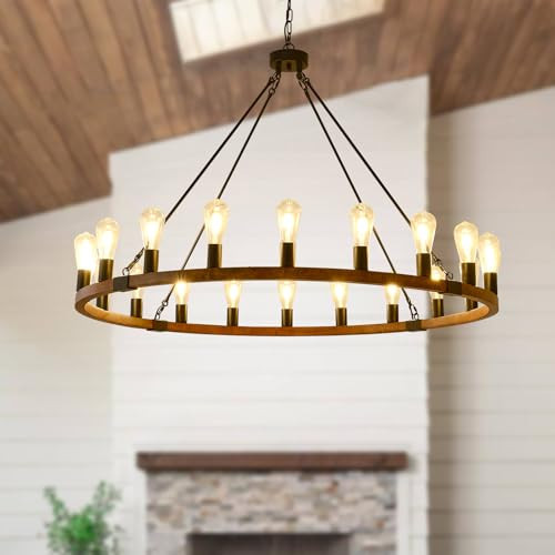 Farmhouse Wagon Wheel Chandelier, 20-Light Wood Round Rustic Hanging Lighting Pendant Light Fixture, Farmhouse Chandelier for Dining Room Living Room Entryway Foyer | Amazon (US)