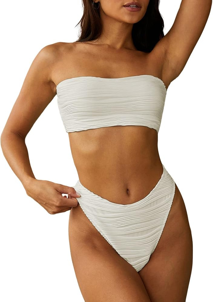 ZAFUL Women 2 Piece Bandeau Swimsuits Ribbed Lace up Strapless Bandeau Bikini Set High Cut Bathin... | Amazon (US)