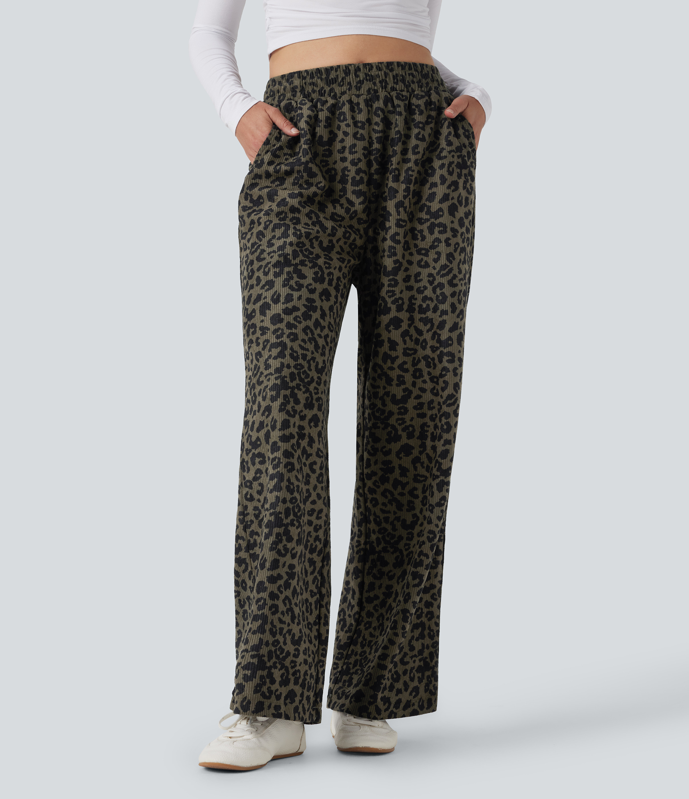 Halara High Waisted Leopard Print Corduroy Casual Baggy Pants with Pockets - Olive Leopard - XL(petite) sweatpants jogger pants | HALARA