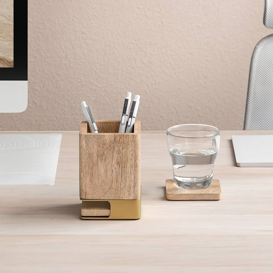 Anji Mountain Mango Wood Pen Holder with 2 Coasters, Stained Wood & Powder Coated Metal Pen Holde... | Amazon (US)