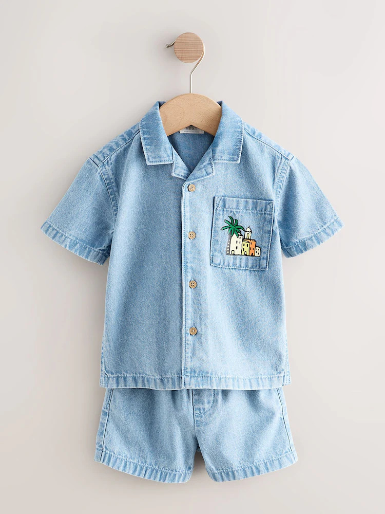 Blue Denim Palm Embroidery Short Sleeve Revere Collar Shirt & Shorts Set (3mths-10yrs) | Next US