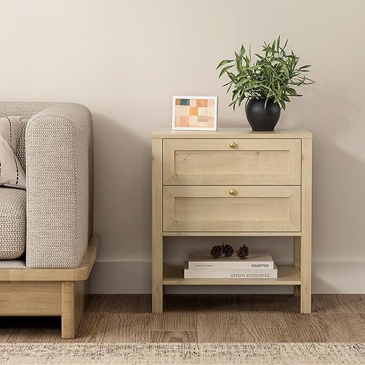 End Table with 2 Drawers, Farmhouse Nightstand with Open Shelf, Modern Bedside Cabinet Side Table... | Amazon (US)