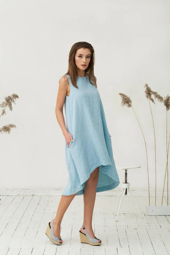 Linen dress TOSCANA in various colors. Asymmetrical, knee-length. Sleeveless loose-fit linen dres... | Etsy (US)