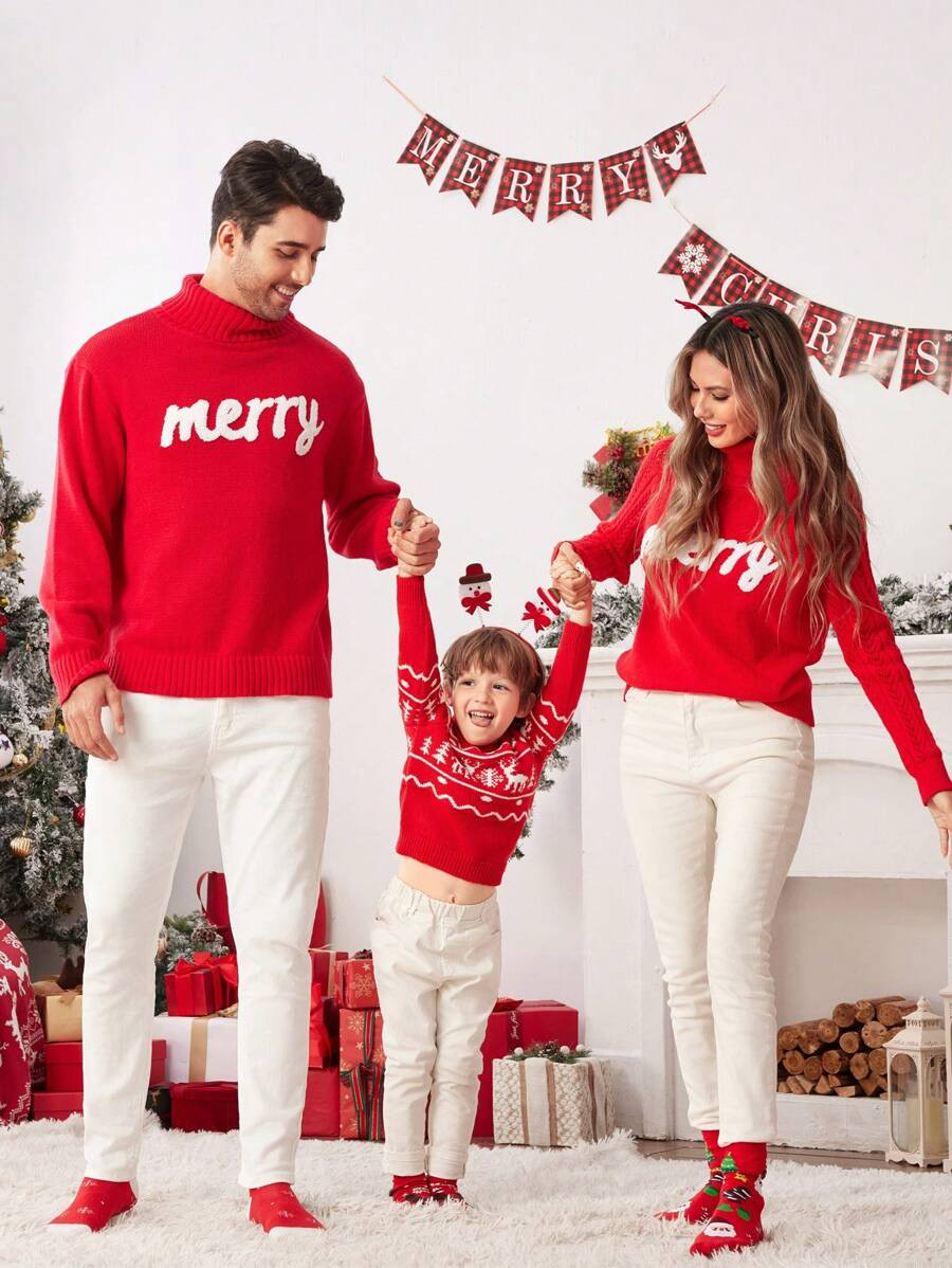 SHEIN LUNE Red Turtleneck Sweater With English Text, Matching Christmas Family Outfit, For Mother... | SHEIN