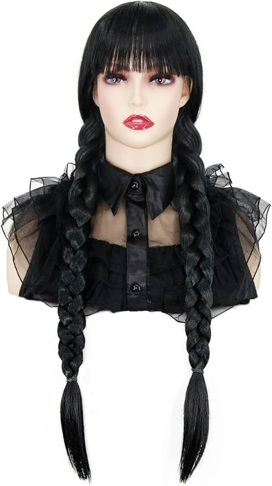 CJK Black Wig with Necklace Braided Wigs for Costume Women Girls Cute Black Wig with Bangs for Ha... | Amazon (US)