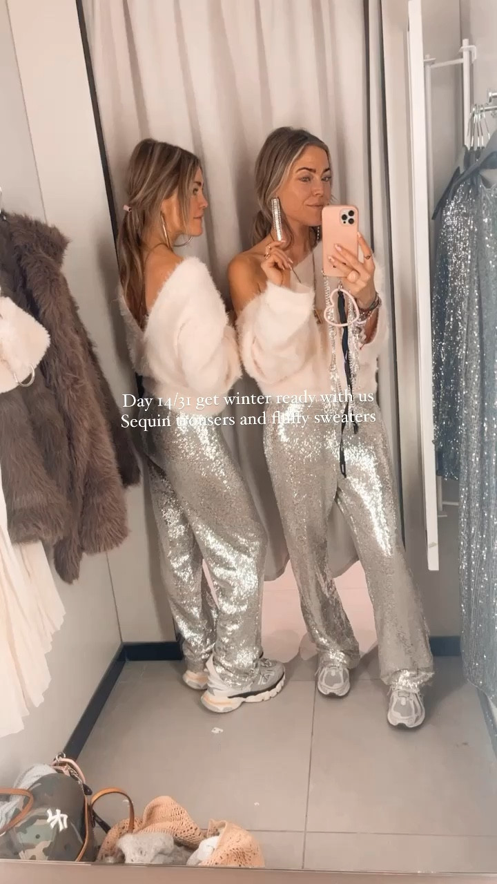 Day 14/31 get winter ready with us. #LTKgift This look you can wear to the office, Christmas drinks with your collegues, go for a lunchdate or wear it during Christmas days. It's all about comfy and stylish ✨✨🫶🏼🫶🏼  Sequin trousers & fluffy sweaters 💕💕
.
don't wait too long with ordering cause the sequin ones are running fast.. but will add some similar styles also for you. 🫶🏼🫶🏼
.
#winteroutfit #winteroutfits #winteroutfitideas #fluffy #twinning #ootd #Grwm 💖#getreadywitme #getreadywithus #grwu

#LTKGiftGuide #LTKHoliday #LTKparties