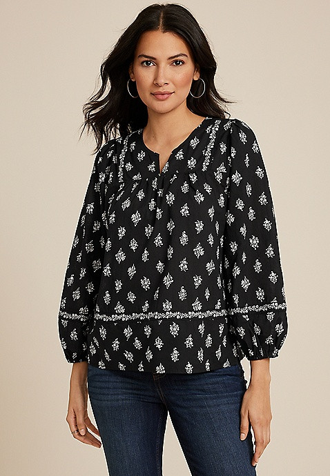 Black Floral Peasant Blouse | Maurices