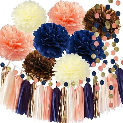 Navy Peach Birthday Decorations Bridal Shower Decorations Qian's Party Navy Peach Weddings/Navy P... | Amazon (US)