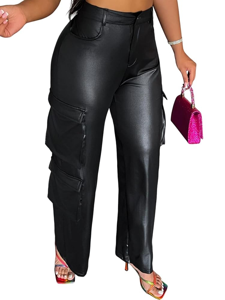 Ryehack Faux Leather Pants for Women Y2K High Waisted Wide Leg Cargo Pants PU Trousers with Pocke... | Amazon (US)