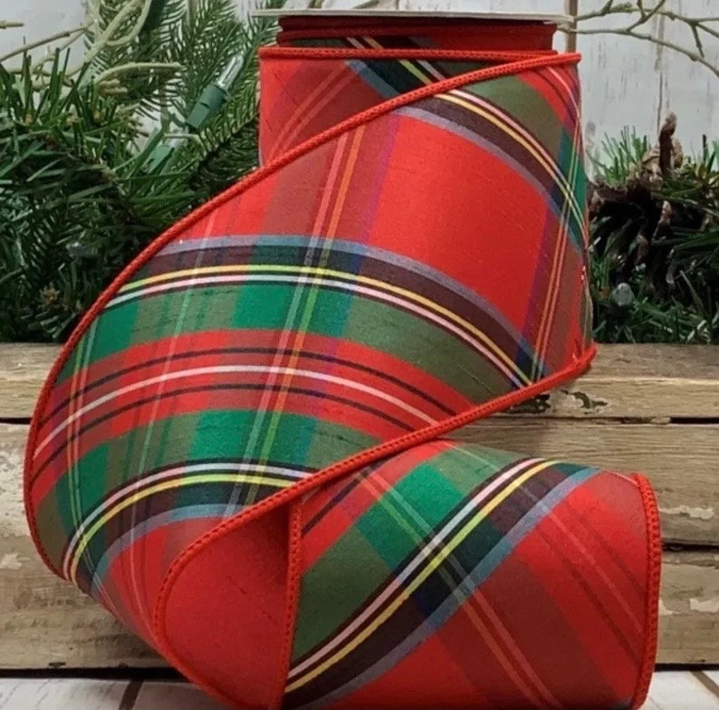 D Stevens Traditional Holiday Plaid Designer Wreath Supply Merry Christmas check wired ribbon bow... | Etsy (US)