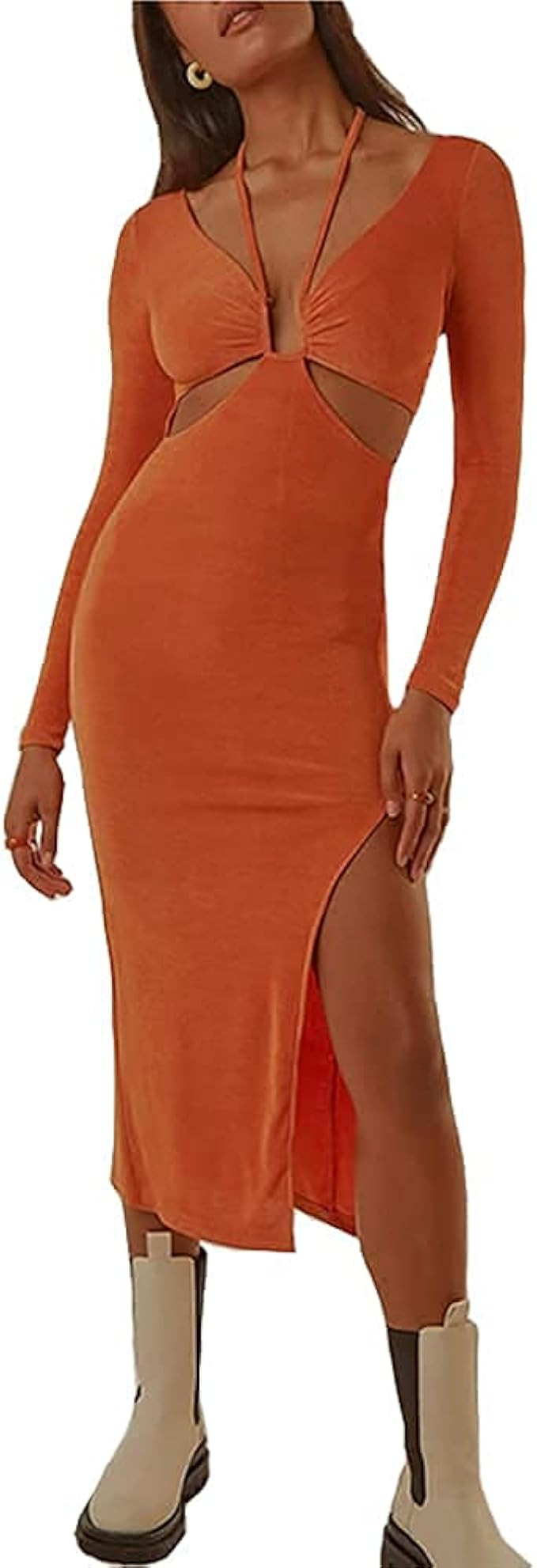 OOTaoper Women Halter Tied-up V Neck Long Sleeve Panel Front Midi Dress Bodycon Hollow Out Slim S... | Amazon (US)