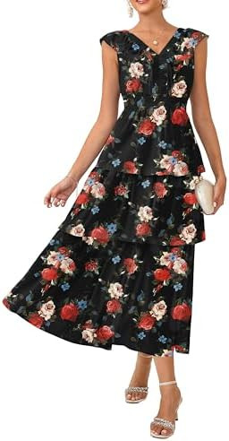 GRACE KARIN Women's Summer Floral Maxi Dress 2026 Wedding Guest Tiered Ruffle Dresses Flowy Beach... | Amazon (US)