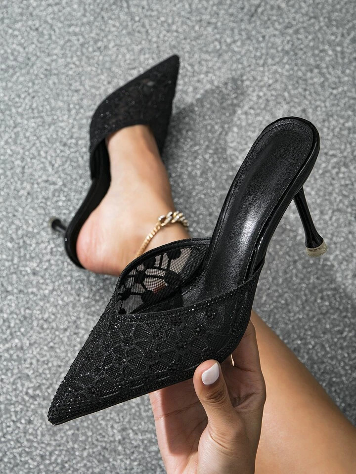 Women Rhinestone Decor Point Toe Pyramid Heeled Pumps, Elegant Black Mesh Mule Pumps | SHEIN