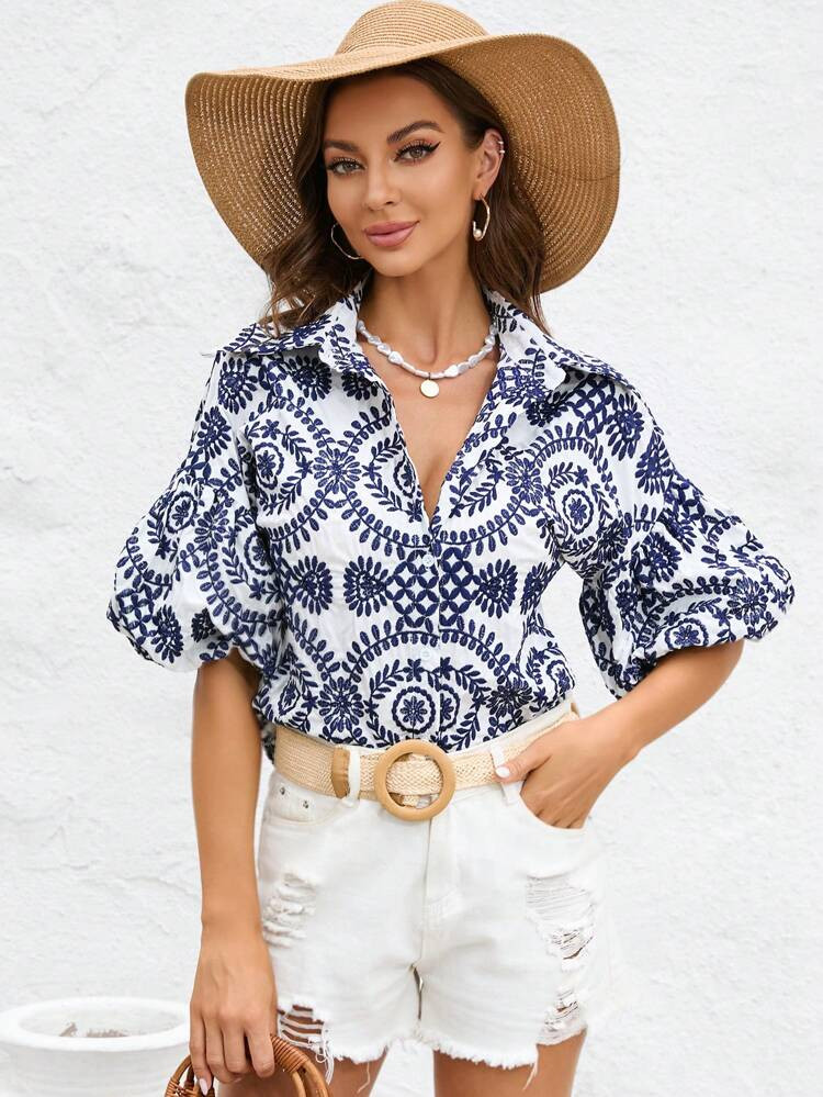 SHEIN VCAY Floral Print Puff Sleeve Shirt | SHEIN