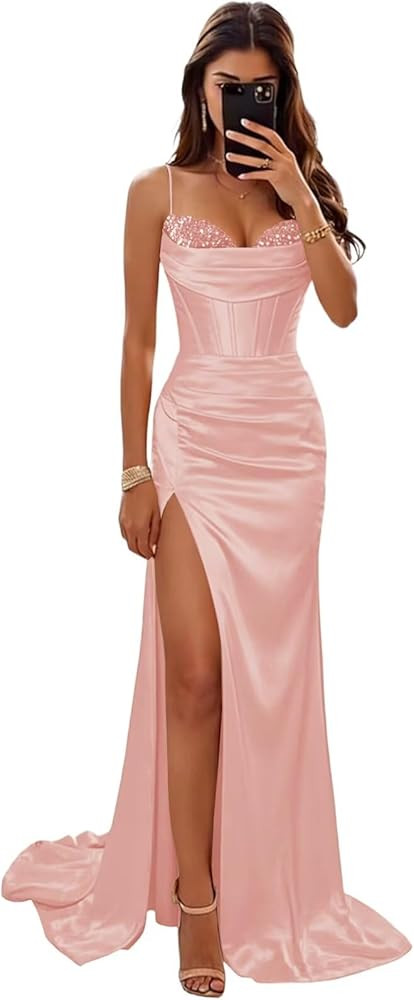 Basgute Satin Corset Prom Dresses for Women 2026 Sequin Beaded Mermaid Slit Long Formal Evening P... | Amazon (US)