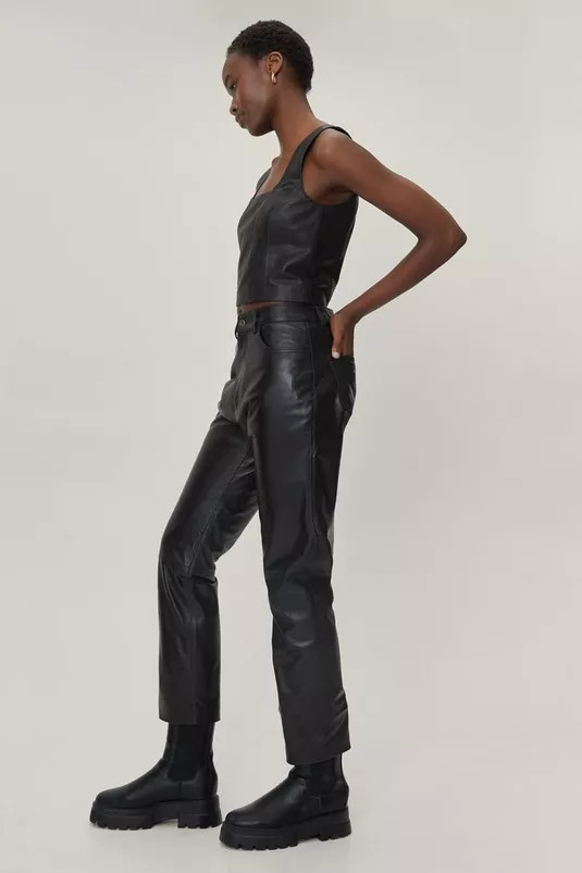 Real Leather Straight Leg High Waisted Pants | Nasty Gal (US)