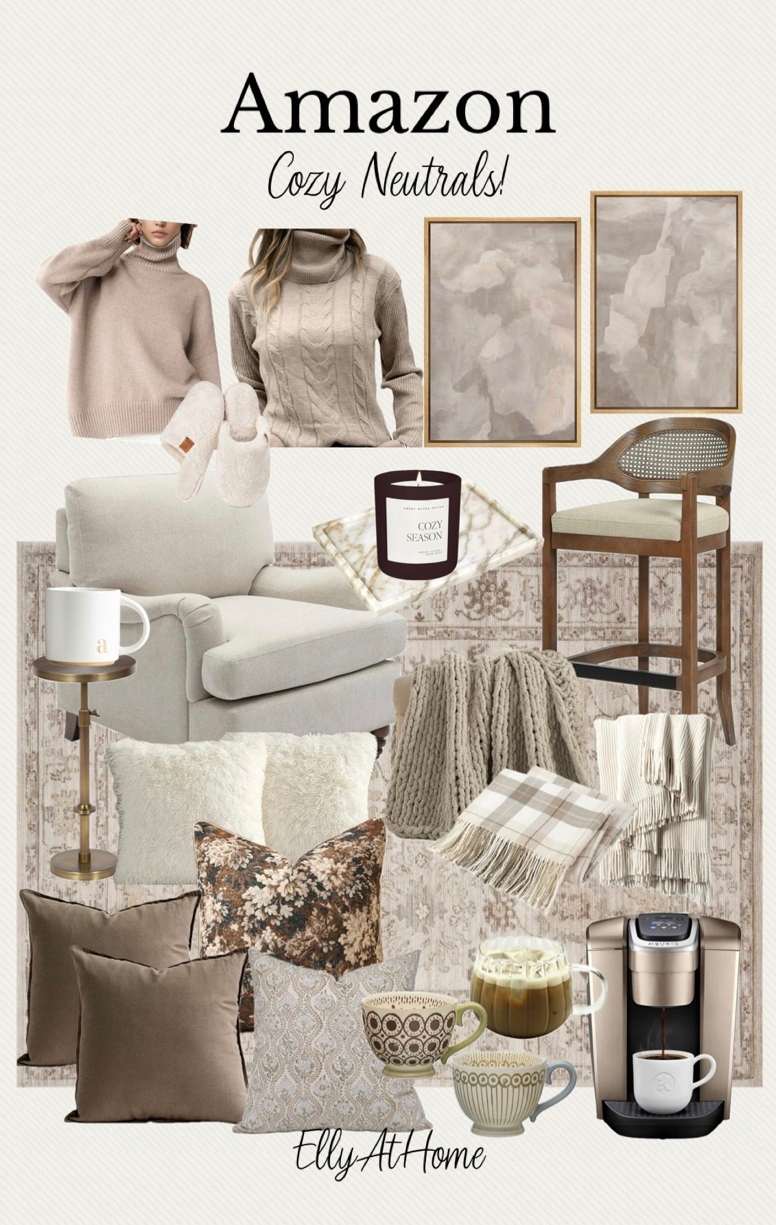Amazon cozy fall neutrals fashion and home free finds!🤎🤍 shop soft sweaters, slippers, throw pillows, blankets, candles, coffee maker, mugs, kitchen stool, accent chairs, area rugs. Fall home decor accessories. Free shipping. 

#LTKStyleTip #LTKHome #LTKFindsUnder50