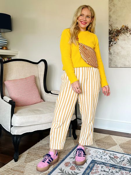 A sunny yellow sweater has been a joyful addition to my Spring closet - available in 5 color options (see all below) linen stripe pants are old but linked similar. Adidas samba’s in pink, tortoise hoop earrings (on sale this weekend!) bombas no show sneaker socks, and Clare v bag. 
❤️ CLAIRE LATELY 


#LTKFindsUnder100 #LTKStyleTip #LTKSeasonal