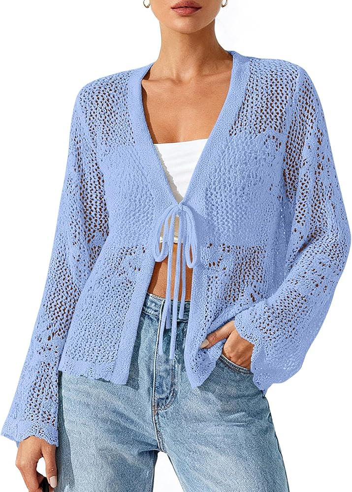 BTFBM Summer Cardigans for Women Lightweight 2026 Spring Crochet Hollow Out Long Sleeve Tie Front... | Amazon (US)