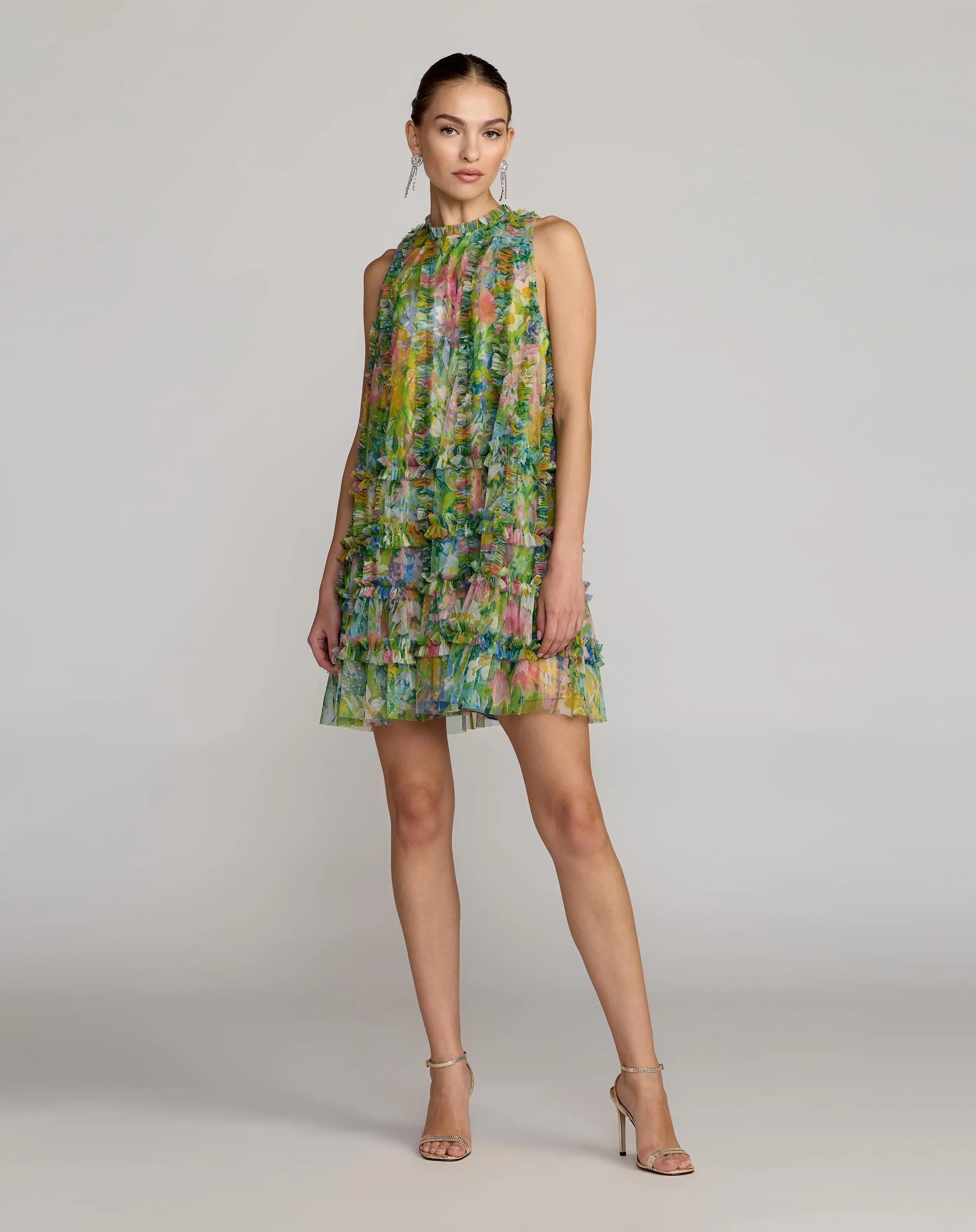 Green Printed Sleeveless High Neck Ruffle Mini Dress | Mac Duggal | Mac Duggal