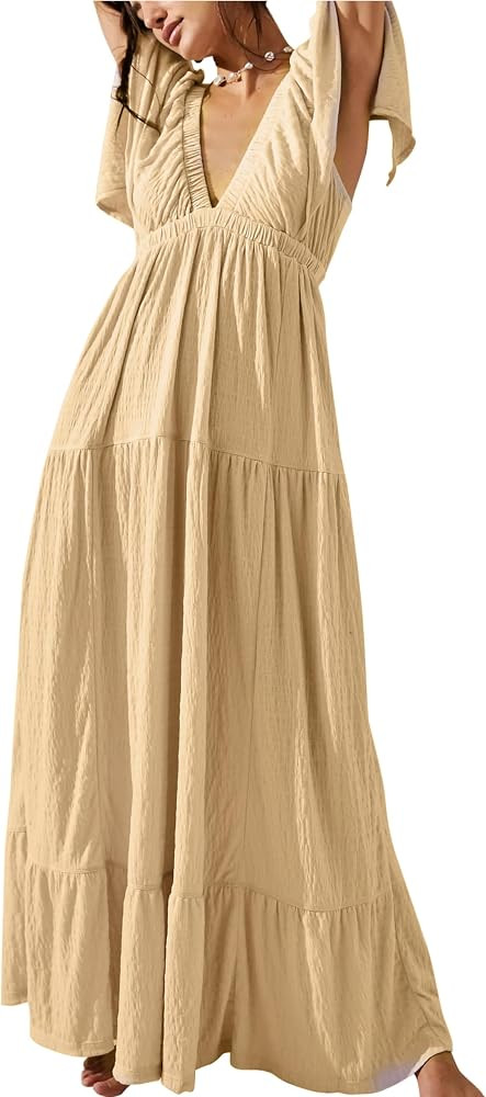 Summer Backless Maxi Dresses for Women 2024 Sexy V-Neck Tiered Silhouette Flowy Long Dress | Amazon (US)