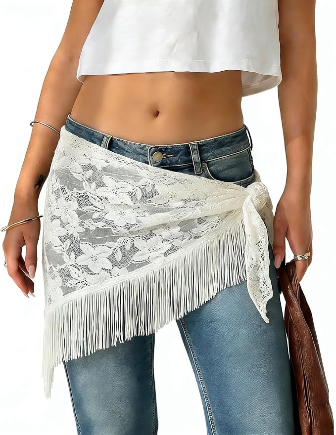 Women Y2K Tassel Tie Waist Belt Floral Lace Fringe Hip Scarf Boho Sheer Mesh Wrap Cover Up Festiv... | Amazon (US)