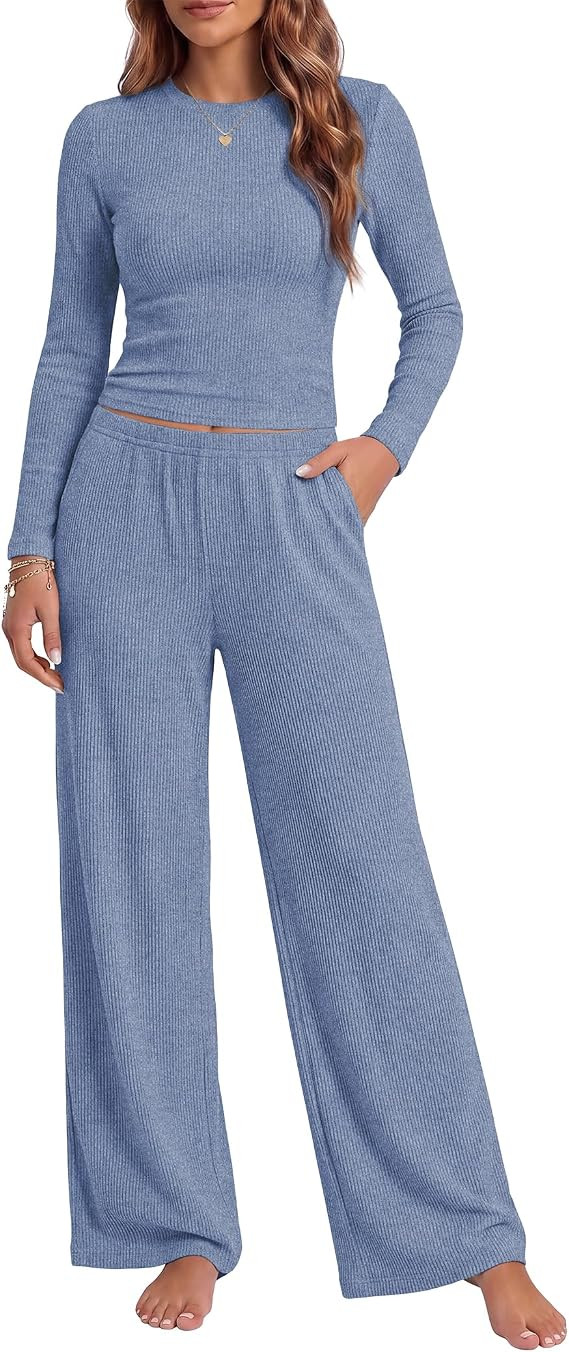 Ekouaer Pajamas for Women Set 2 Piece Long Sleeve Fall Lounge Set | Ribbed Knit Pjs, Slim Fit Top... | Amazon (US)