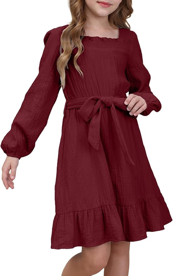 blibean Girls Cotton Long Sleeve Dresses Ruffled Semi Formal Dress Size 6-15 Years | Amazon (US)