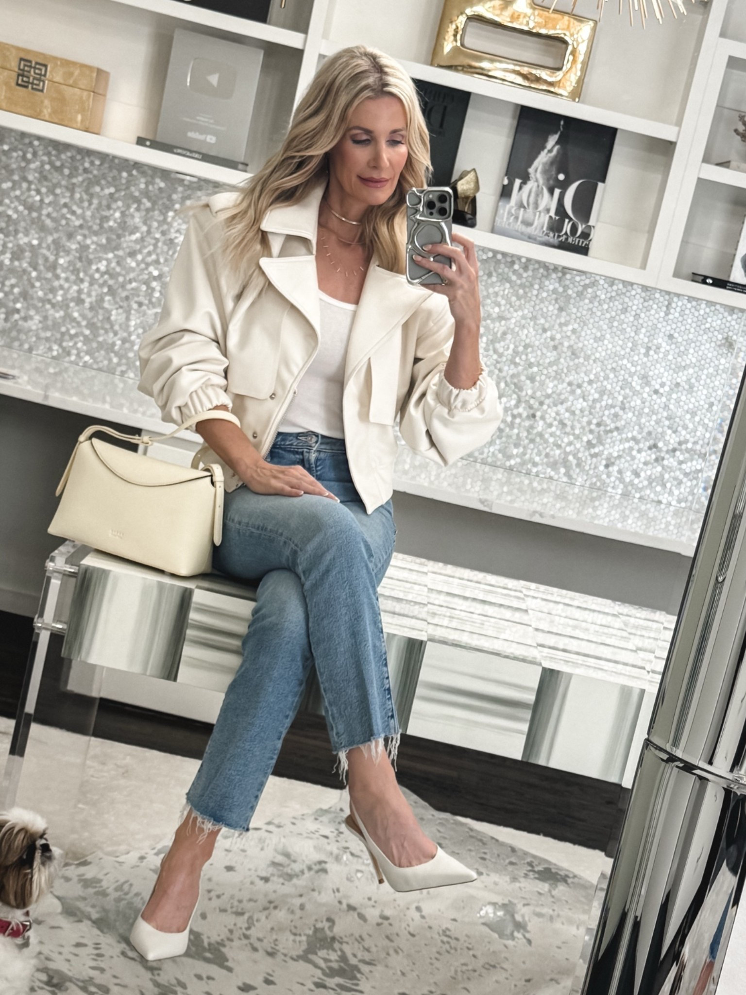 TRENDING NOW >>> white heels, and these designer-inspired ones are amazing! They look so luxe styled with this ivory vegan leather jacket, flattering high-waisted Mother jeans, and a butter yellow handbag for an elevated night-out outfit. I’m wearing an XS in the jacket and size 24 in the jeans. #WhiteHeels #DesignerInspired #GirlsNightOutOutfit #LTKOver40 

 #LTKootd #LTKOver40 #LTKPetite