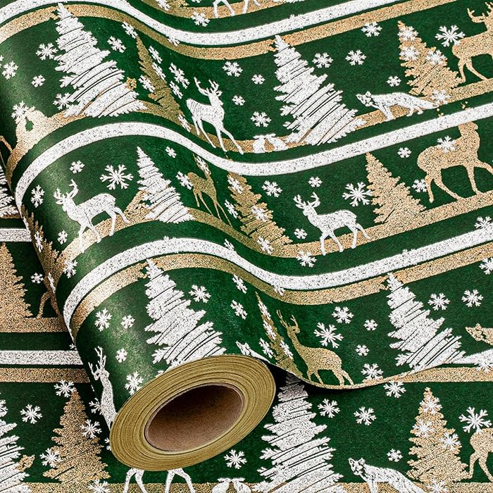 Yarcony Kraft Christmas Wrapping Paper, Green Wrapping Paper, Luxury Faux Sparkle Christmas Trees... | Amazon (US)