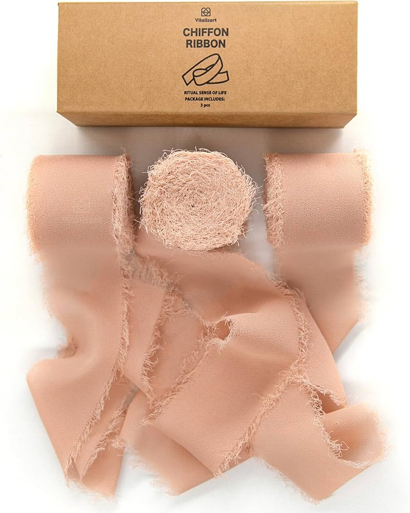 Vitalizart Rose Gold Handmade Chiffon Silk Ribbon Fringe 3 Rolls 1.5" x 21 Yd Frayed Edges Ribbon... | Amazon (US)