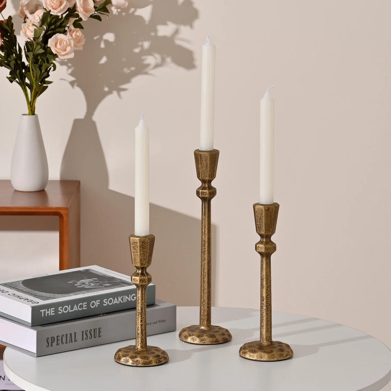 Brass Candlestick Holder Gold Taper Candle Holders Set of 3, Hand-Forged Metal Iron Candle Holder... | Walmart (US)