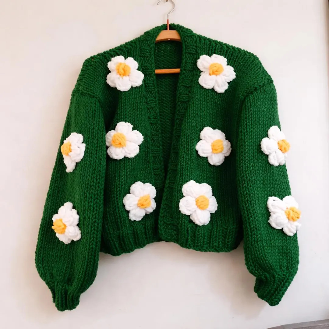 Green daisy handmade flower sweater, oversized  floral chunky cardigan,daisy woman cardigan jacke... | Etsy (US)