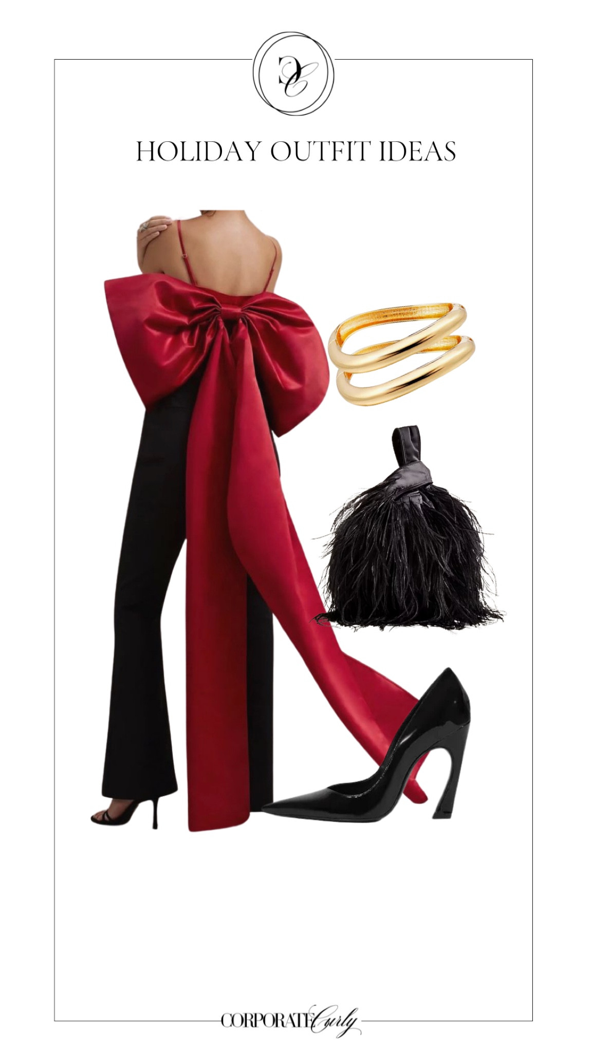 Your perfect look for the work holiday party! This red satin crop top with an oversized satin bow, paired with a feathered Santorini bag and sleek black pumps, is all about making a statement.  #HolidayPartyOutfit #WorkHolidayParty #ChicAndClassy #FestiveStyle #RedHotLook #SatinPerfection #FeathersAndBows #PartySeason #WhatToWear #WorkToParty



#LTKParties #LTKStyleTip 

#LTKHoliday