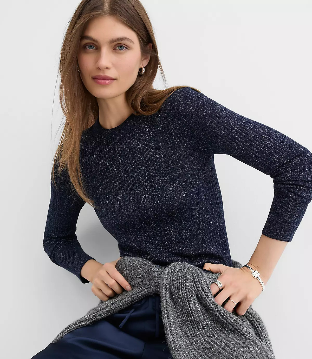 Shimmer Mixed Ribbed Sweater | LOFT